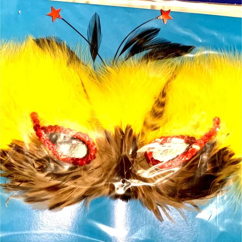 Fright Factory Feather Fantasy Mask Cosplay HalloweeRed Sequin Eyes Yellow Brown